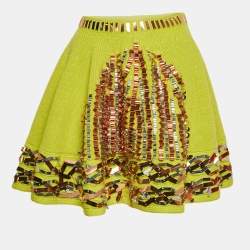Kenzo Green Sequin Embellished Rib Knit Flared Mini Skirt M