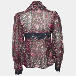 Kenzo Navy Blue Rose Print Silk Tie-Up Detail Shirt M