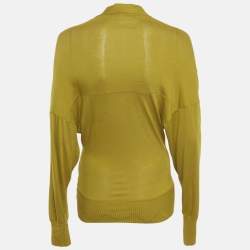 Pre Owned Kenzo Olive Yellow Cotton and Modal Knit V-Neck Long Sleeve Top S