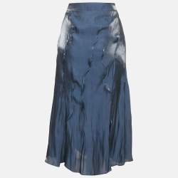 Kenzo Navy Blue Satin Wavy Pin Tucked Midi Skirt M