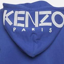 Pre Owned Kenzo Blue Logo Print Cotton Hooded Jacket L