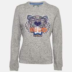 Pre Owned Kenzo Grey Tiger Embellished Cotton Crew Neck Sweatshirt M