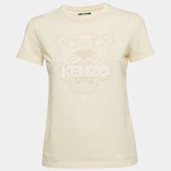 Pre Owned Kenzo Cream Flock Tiger Print Cotton Crewneck T-shirt S