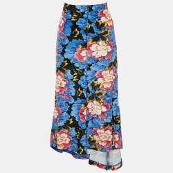Pre Owned Kenzo Blue Floral Printed Velvet Ruched Midi Skirt M