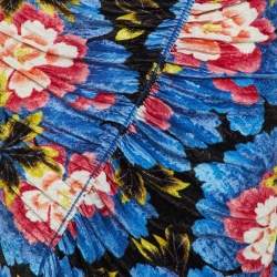 Pre Owned Kenzo Blue Floral Printed Velvet Ruched Midi Skirt M