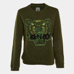 Pre Owned Kenzo Green Melange Cotton Tiger Embroidered Sweatshirt L