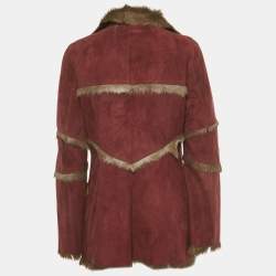 Pre Owned Kenzo Jungle Burgundy Suede and Fur Button Front Coat M