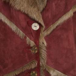 Pre Owned Kenzo Jungle Burgundy Suede and Fur Button Front Coat M