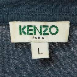 Pre Owned Kenzo Teal Tiger Logo Print Jersey Crew Neck T-Shirt L