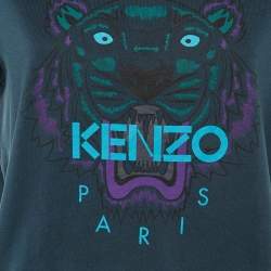 Pre Owned Kenzo Teal Tiger Logo Print Jersey Crew Neck T-Shirt L