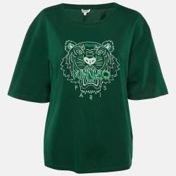 Pre Owned Kenzo Green Tonal Tiger Embroidered Cotton T-Shirt L
