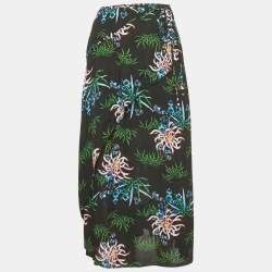 Pre Owned Kenzo Black Botanical Print Crepe Wrap Midi Skirt S