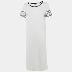 Pre Owned Kenzo White Logo Print Cotton Midi Dress L