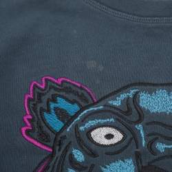 Pre Owned Kenzo Teal Blue Tiger & Logo Embroidered Knit Sweatshirt L