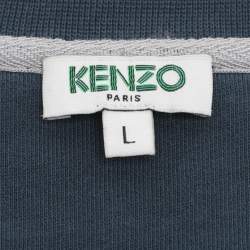 Pre Owned Kenzo Teal Blue Tiger & Logo Embroidered Knit Sweatshirt L