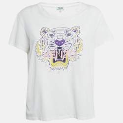 Pre Owned Kenzo White Tiger Logo Print Cotton T-Shirt XL