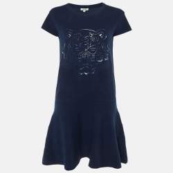 Pre Owned Kenzo Navy Blue Cotton Knit Tiger Head Applique Short Dress S