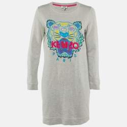 Pre Owned Kenzo Grey Tiger Head Embroidered Cotton Sweatshirt Mini Dress S