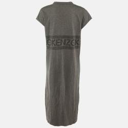 Pre Owned Kenzo Grey Cotton Logo Applique T-Shirt Midi Dress S