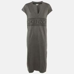 Pre Owned Kenzo Grey Cotton Logo Applique T-Shirt Midi Dress S
