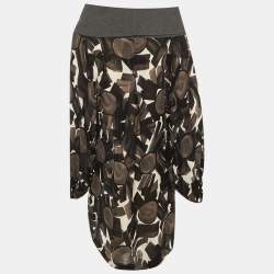 Pre Owned Kenzo Brown /Black Printed Crepe High Neck Mini Dress M