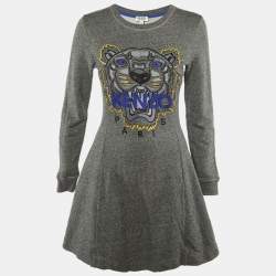 Pre Owned Kenzo Grey Tiger Embroidered Cotton Sweater Dress M