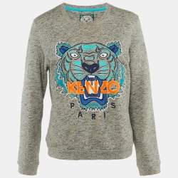 Pre Owned Kenzo Grey Tiger Head Embroidered Cotton Sweatshirt L
