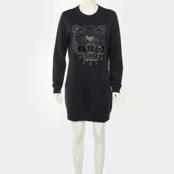 Pre Owned Kenzo Black Tiger Embroidered Cotton Knit Dress L