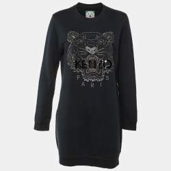 Pre Owned Kenzo Black Tiger Embroidered Cotton Knit Dress L