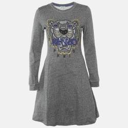 مملوكة مسبقًا Kenzo Grey Tiger Embroidered Cotton Knit Mini Dress M