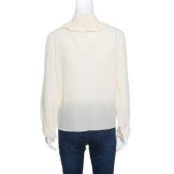 Kenzo Cream Ruffled Trim Detail Long Sleeve Silk Blouse M