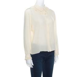 Kenzo Cream Ruffled Trim Detail Long Sleeve Silk Blouse M