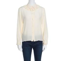 Kenzo Cream Ruffled Trim Detail Long Sleeve Silk Blouse M