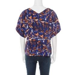 Pre Owned Kenzo Royal Blue Torn Flowers Printed Silk V Neck Blouse L