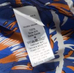 Pre Owned Kenzo Royal Blue Torn Flowers Printed Silk V Neck Blouse L