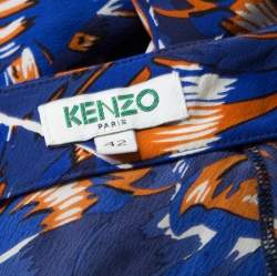 Pre Owned Kenzo Royal Blue Torn Flowers Printed Silk V Neck Blouse L