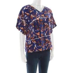 Pre Owned Kenzo Royal Blue Torn Flowers Printed Silk V Neck Blouse L