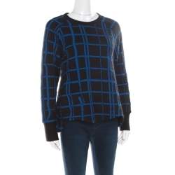 Pre Owned Kenzo Black and Blue Checkered Flared Hem Sweatshirt L