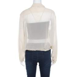 Pre Owned Kenzo Beige Pleated Waist Tie Detail Long Sleeve Blouse XL