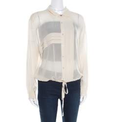 Pre Owned Kenzo Beige Pleated Waist Tie Detail Long Sleeve Blouse XL
