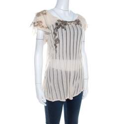 Pre Owned Kenzo Buttercream Foil Print Striped Knit Layered Tulle Sleeve Top XL