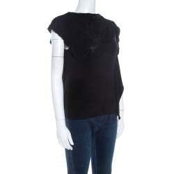 Pre Owned Kenzo Black Embroidered Stretch Jersey Ruffle Detail Top M