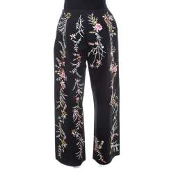Pre Owned Kenzo Black Floral Embellished Cotton High Waist Straight Fit Trousers L