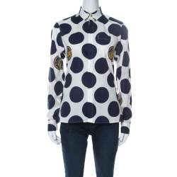 Pre Owned Kenzo White and Blue Dots And Logo Cotton Shirt M
