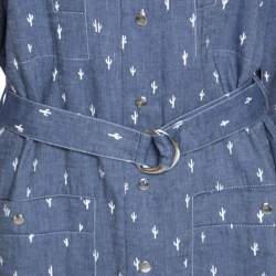 Pre Owned Kenzo Blue Denim Cactus Print Belted Shirt Dress L