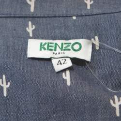 Pre Owned Kenzo Blue Denim Cactus Print Belted Shirt Dress L