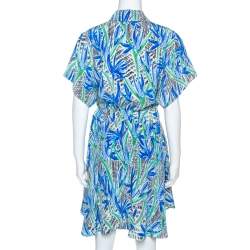 Pre Owned Kenzo Multicolor Printed Silk Short Sleeve Belted Shirt Dress M