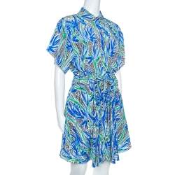 Pre Owned Kenzo Multicolor Printed Silk Short Sleeve Belted Shirt Dress M