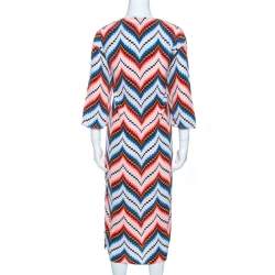 Pre Owned Kenzo Multicolor Silk Chevron Pattern Midi Dress S