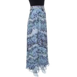 Pre Owned Kenzo Blue Abstract Print Silk Plisse Skirt L